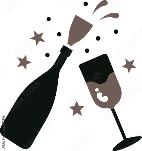 Champagne bottle popping  glass cheers icon  silhouette vector on white background 