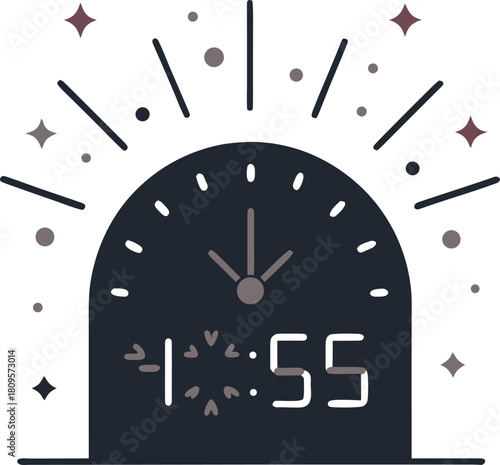 Concept large glowing clock showing 11-59- pm with 12 :00-am silhouette vector on white background 