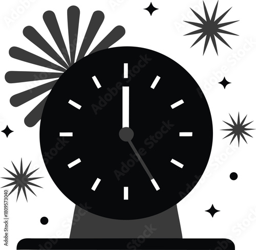 Concept large glowing clock showing 11-59- pm with 12 :00-am silhouette vector on white background 