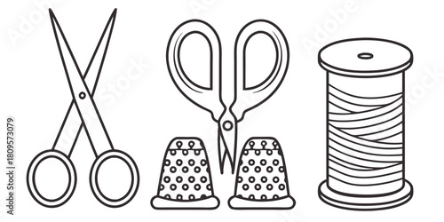 A spool of thread, scissors, and thimbles are arranged for sewing.