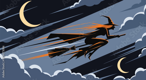 Fly into Halloween with a stylish witch silhouette soaring across a moonlit sky on her broomstick, perfect for seasonal designs and spooky celebrations