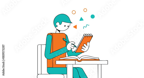 A young man is concentrating on taking notes from a book at a desk while studying or working.