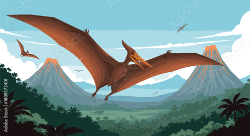 A large pterodactyl soars through the sky above a prehistoric jungle landscape with erupting volcanoes in the distance.