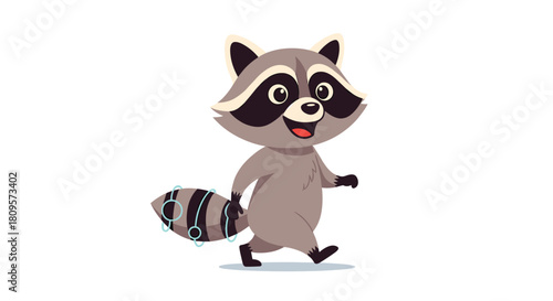 A cheerful and friendly cartoon raccoon character with a striped tail walks happily with a confident stride.