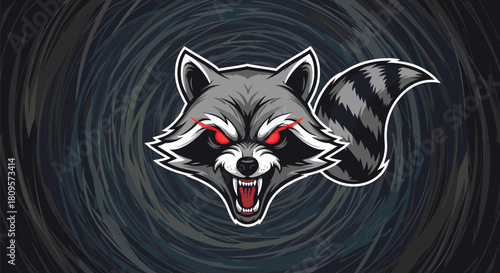 Fierce raccoon mascot with glowing red eyes snarls aggressively against a dark swirling abstract background design.