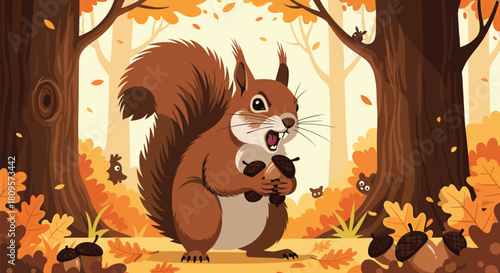 Expressive cartoon squirrel with a bushy tail eagerly holds acorns in an autumn forest filled with colorful falling leaves.