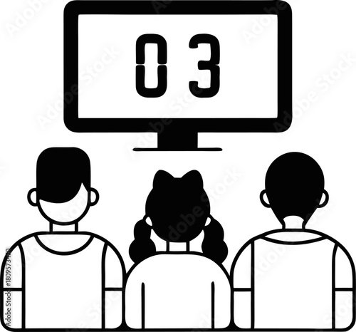 Family watching countdown on tv or phone outline   on white background 