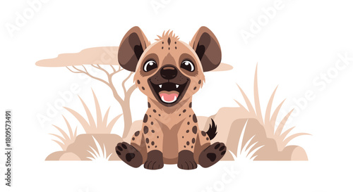 Adorable smiling baby hyena cub with big eyes and spots sits happily in a stylized African savanna landscape setting.