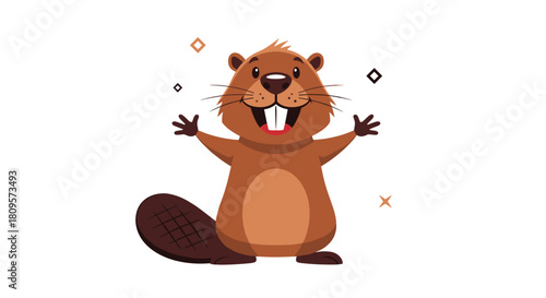 Exuberant and happy cartoon beaver character stands with open arms and a wide toothy grin ready for a friendly hug.