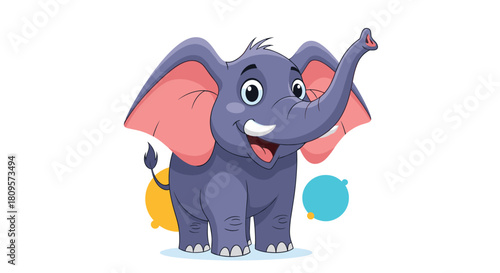 Adorable cartoon baby elephant with big ears stands happily with its trunk raised next to colorful party balloons.