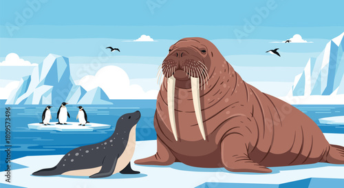 Majestic walrus with large tusks sits beside a spotted seal on a floating ice floe in a cold arctic ocean landscape.