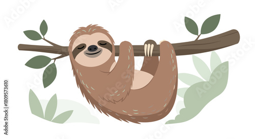 Adorable cartoon sloth with a sweet smile hangs peacefully from a tree branch surrounded by soft green leaves design.