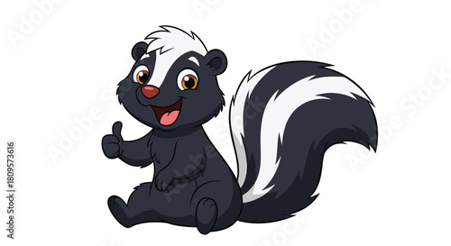 Friendly and cute cartoon skunk character sits down and gives a positive thumbs-up gesture with a happy expression.