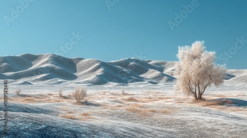 A lone tree thickly coated with white frost stands against rolling snow-covered dunes under a bright blue sky, with sparse yellow vegetation adding contrast in this cold, silent desert landscape