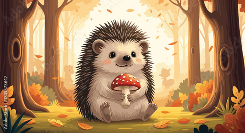Adorable baby hedgehog sits in a warm autumn forest holding a red and white mushroom surrounded by fallen leaves.