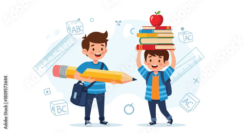 Two happy schoolboys are ready for school one holding a giant pencil and the other balancing books on his head.