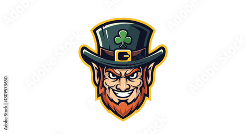 Fierce leprechaun mascot with an angry grin and a shamrock on his green top hat for a competitive sports team.