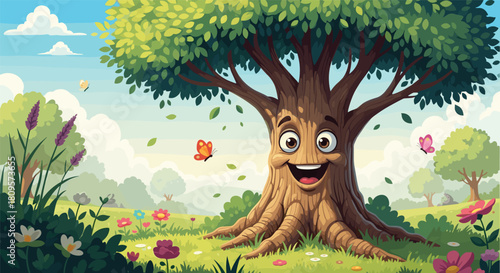 Cheerful cartoon tree with a happy smiling face stands in a vibrant green meadow full of flowers and butterflies.