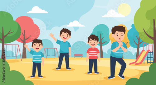 Four happy boys play together in a colorful park playground with swings and a slide on a bright sunny day.