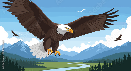 Majestic bald eagle with its wings spread wide soars gracefully over a scenic mountain and forest river valley.
