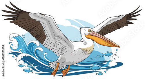 A majestic white pelican with wings spread wide soars over powerful blue ocean waves teeming with small fish.