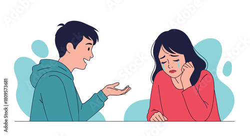 Caring young man in a hoodie attempts to comfort and talk to a sad woman who is crying with tears on her face.