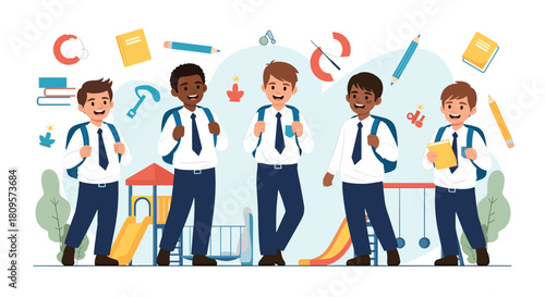 Diverse group of five happy schoolboys in matching uniforms with backpacks stand together in a school playground.