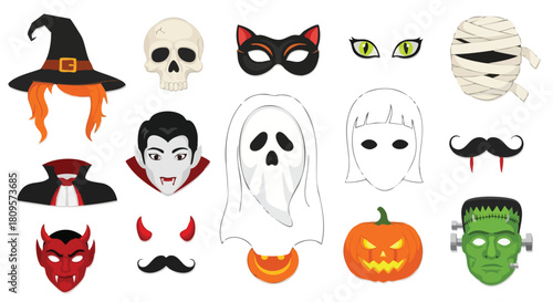 Spooky Halloween fun with witch hats, vampire fangs, and ghostly figures – perfect for party invitations, decorations, and festive designs ready for your project