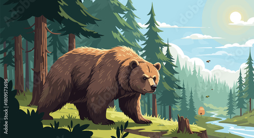 Large brown grizzly bear walks through a sunny pine forest landscape with a river and beehive in the background.