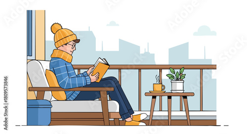 A person in warm winter clothes reads a book on a balcony overlooking a city skyline.