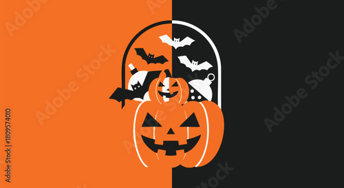 Spooky Halloween fun with pumpkin and bats against a vibrant orange and black background, perfect for festive designs and celebrations this October