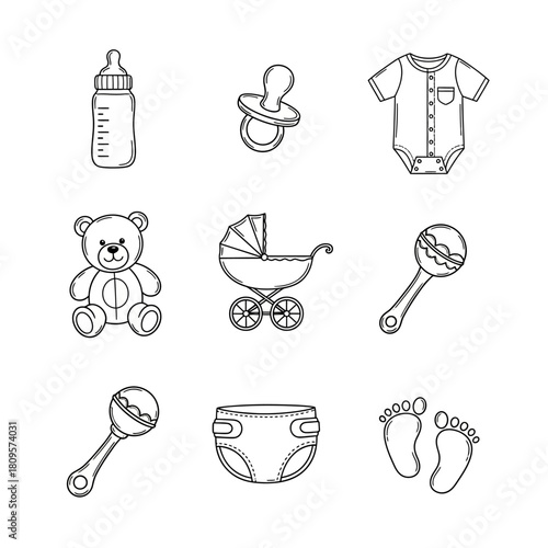 Adorable set of outline baby icons, illustrating newborn essentials and infant care items for parents