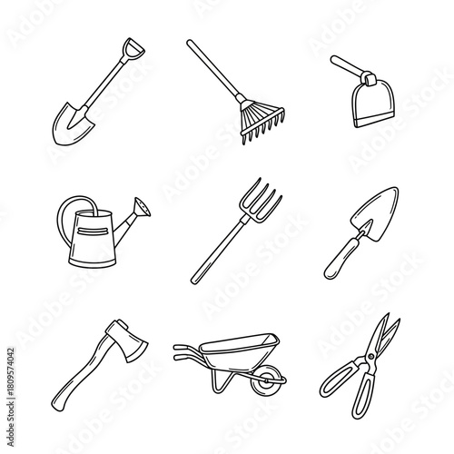 Collection of essential hand-drawn gardening tools and equipment for cultivating, planting, and maintaining a beautiful garden landscape