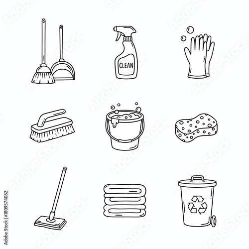 Assortment of essential cleaning tools and supplies for maintaining a pristine and organized household environment