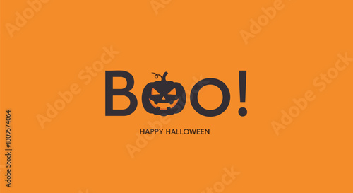 Spooky Halloween vibes with a playful Boo! and pumpkin in black against a bright orange background, perfect for invitations and social media posts