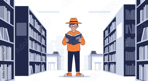 A man wearing a hat and glasses stands reading a book between two tall library bookshelves.