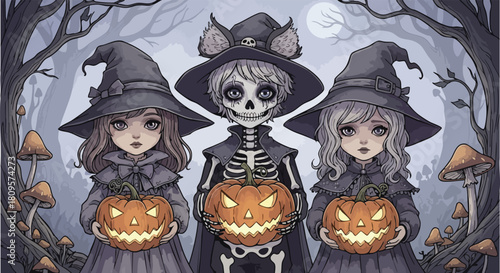 Spooky Halloween night with witches and a skeleton holding glowing pumpkins in a whimsical forest scene perfect for seasonal social media campaigns
