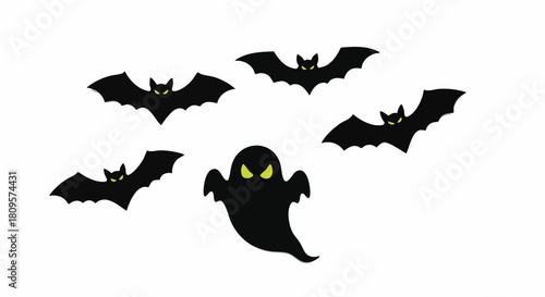 Spooky Halloween silhouettes of bats and a ghost with glowing eyes ready to haunt your next creative project or eerie invitation design