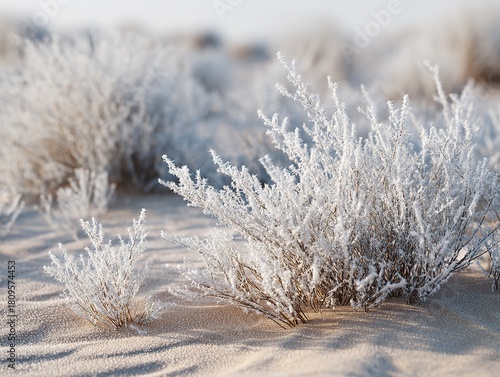Multiple tall, slender frost-laden shrub branches stand in sharp focus in the foreground against an out-of-focus background of similar vegetation and sandy ground, emphasizing the delicate textures