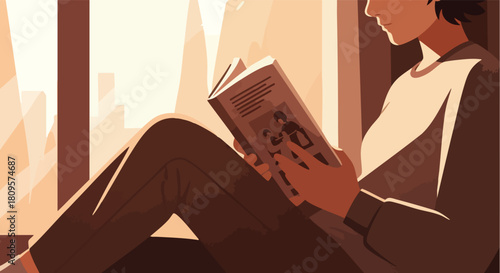 A person is engrossed in a book, sitting by a window bathed in warm, golden afternoon sunlight.