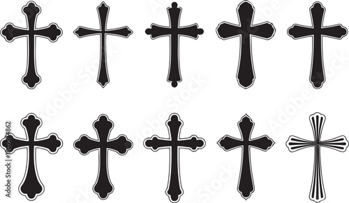 Set of hand drawn cross designs in vintage style for religious themes. Vector Black silhouettes. with white background