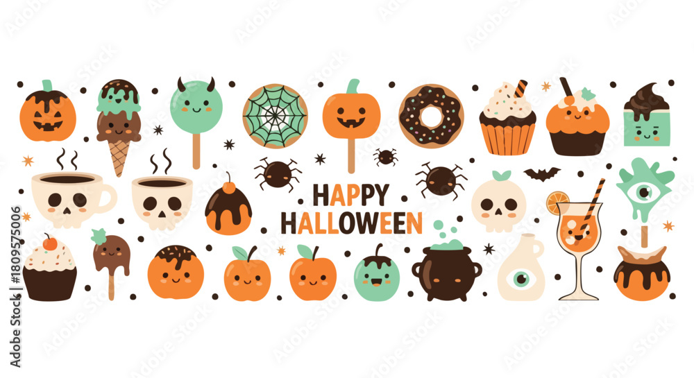 Fototapeta premium Celebrate Halloween with these cute and spooky treats including pumpkins, spiders, skulls, and more, perfect for themed parties and festive fun