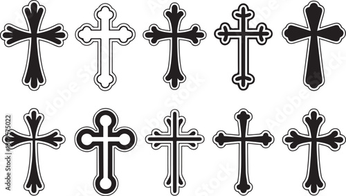 Set of hand drawn cross designs in vintage style for religious themes. Vector Black silhouettes. with white background