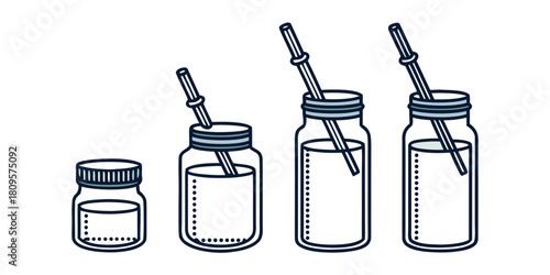 Four glass jars with straws show graduated liquid levels.