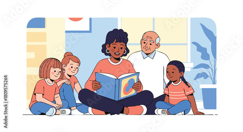 A smiling woman reads a storybook aloud to a diverse group of children and an elderly man.
