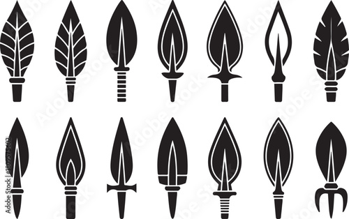 Set of vintage spearhead designs engraved weapon tips collection. Vector Black silhouettes. with white background