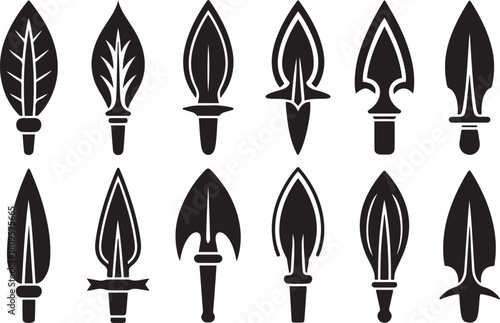 Set of vintage spearhead designs engraved weapon tips collection. Vector Black silhouettes. with white background