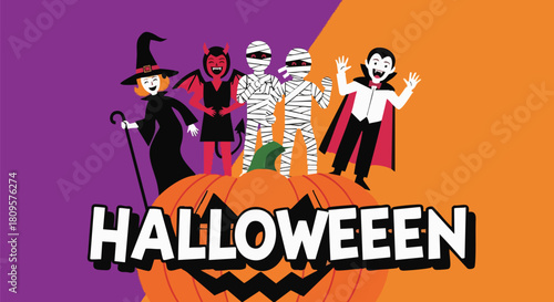 Spooky Halloween party invitation featuring a witch, devil, mummies, and Dracula standing atop a jack-o'-lantern against vibrant purple and orange backdrop