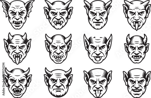 Intricate hand-drawn medieval gargoyle faces in monochrome style. Vector Black silhouettes. with white background