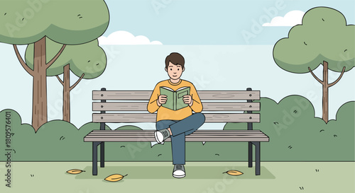 A young man enjoys peaceful outdoor reading on a wooden park bench on a pleasant day.